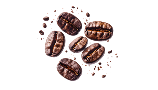 Roasted coffee beans scattered in a circular design