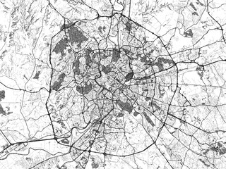 Poster-ready black and white illustration map of Roma Metropolis, Italy, detailed and artistic.