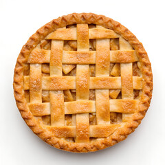Homemade apple pie with lattice crust on white background top view