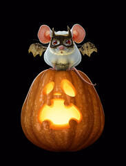 Funny white mouse in batman costume sitting on pumpkin