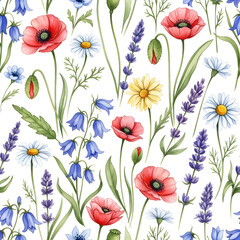 Watercolor Wildflower Meadow Pattern - Seamless Poppies and Daisies Print