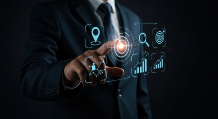 Businessman interacting with futuristic digital interface and glowing technology