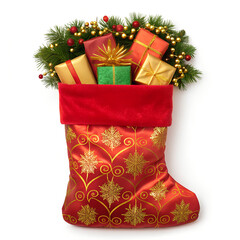 Festive christmas stocking overflowing with colorful wrapped presents and holiday decorations