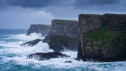 Dramatic ocean waves crashing against rugged coastal cliffs under a stormy sky