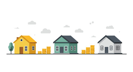 Three minimalist houses with coin stacks under cloudy sky