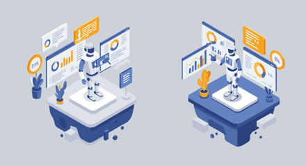 Obraz premium Futuristic isometric robots analyzing data on digital platforms