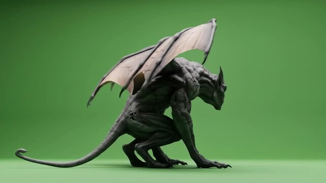 Gargoyle Crouching Menacingly with Wings Spread Against Green Screen