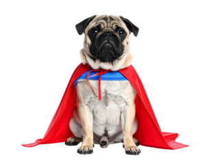 Realistic Pug Wearing a Superhero Costume, Sitting Front View, isolated on transparent background.