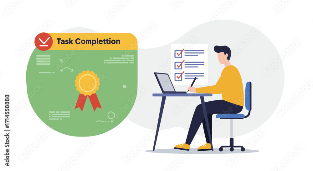 Poster person completing tasks on laptop with checklist and achievement badge in modern workspace