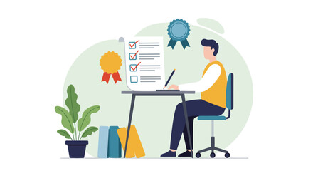 Businessman reviewing checklist at desk with awards and plants in background
