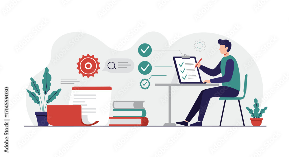 Poster modern office work: person checking task list with documents and laptop