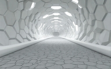 Futuristic hexagonal tunnel with smooth surface and bright lighting