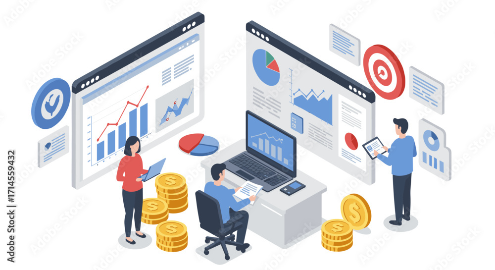 Poster business analytics team examining data with charts and graphs in isometric office setting