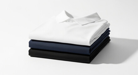 A stack of three different colored dress shirts, white, navy blue, and black, neatly folded on a white background.