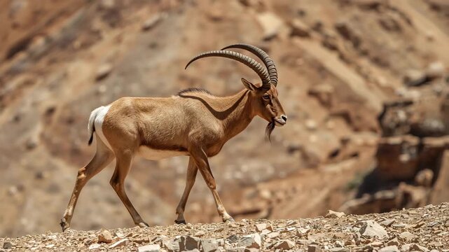 Ibex walking on a rocky desert mountain