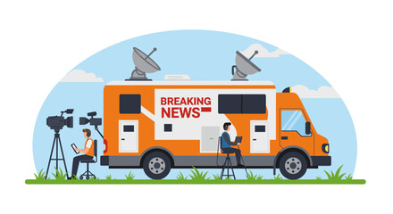 Mobile news broadcasting truck with journalists in action