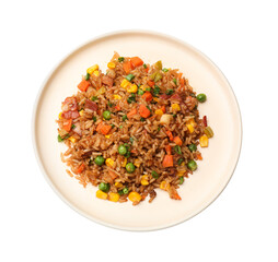 Delicious fried rice with vegetables and bacon isolated on white, top view
