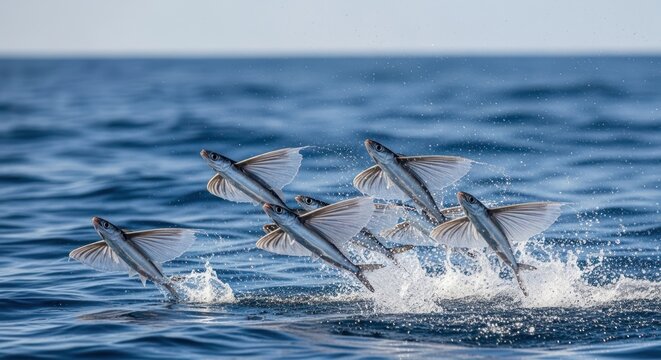 Dynamic School of Flying Fish Leaping and Splashing Above the Deep Blue Ocean Surface
