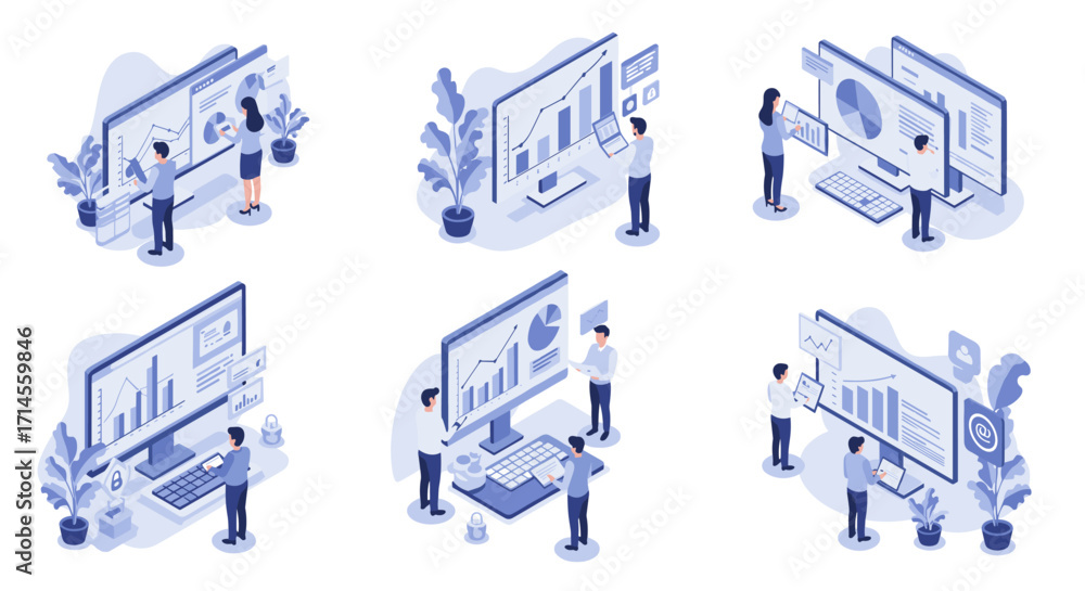 Poster isometric business analysis scenes: data visualization and teamwork concepts
