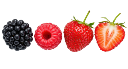 Plump blackberry, bright raspberry, whole & halved strawberries with glistening dew drops, arranged on a transparent background. Concept of natural freshness and healthy food advertising