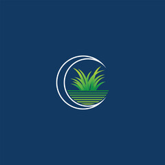 Green lawn care service logo with minimalist design on blue background