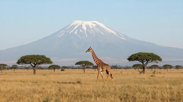 Giraffe walking in front of mount kilimanjaro