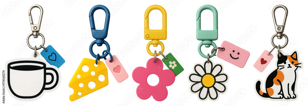 Poster png colorful playful keychain collection, element set on transparent background