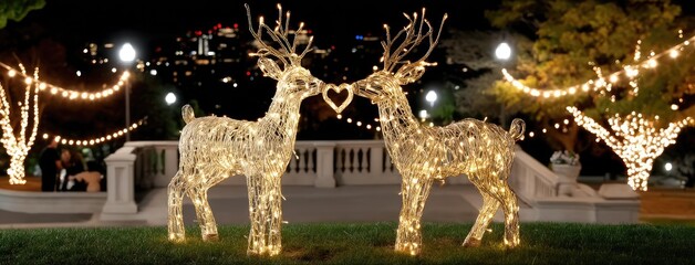 Two illuminated reindeer create a heart shape with their antlers in a festive park setting during the winter holiday season at night