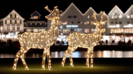 Illuminated reindeer decorations brighten a festive evening by the lake, showcasing holiday spirit and charm in a joyful setting