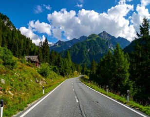 Fototapeta premium Mountain road winding through green valley under blue sky