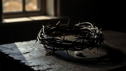 A symbolic crown of thorns resting on a dark surface, representing Christian sacrifice and devotion.