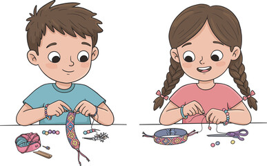 Happy children making friendship bracelets with beads, colorful threads, creative craft activity, handmade jewelry, fun learning, teamwork, art, childhood creativity