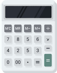 Illustration of a white calculator with a dark screen and various buttons.