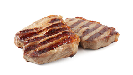 Steaks of delicious grilled beef meat isolated on white