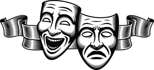 Black and white theatrical comedy and tragedy masks with ribbon, dramatic emotion vector, performing arts symbol, stage illustration design