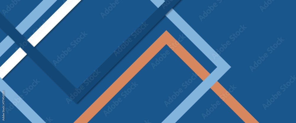 Poster minimal geometric background. dynamic blue shapes composition with orange lines. abstract background