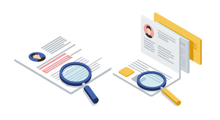 Isometric job search concept with magnifying glass and resumes
