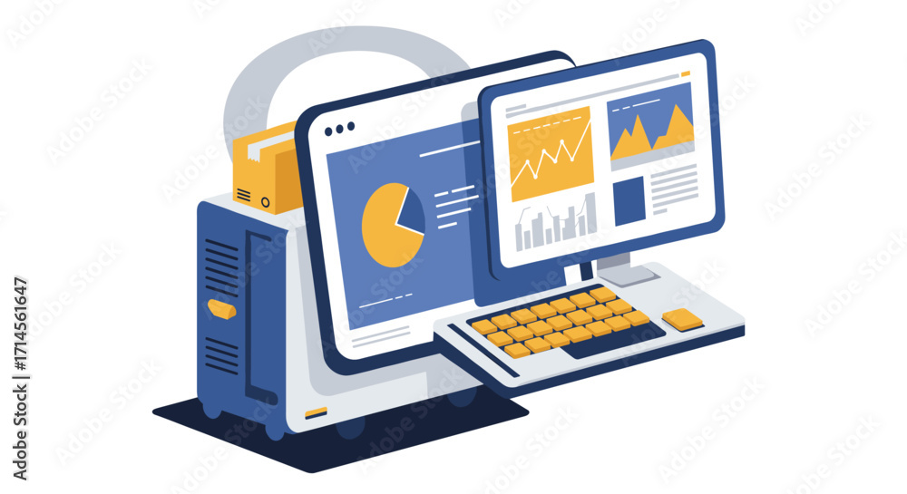 Poster isometric technology setup with dual monitors displaying data analytics