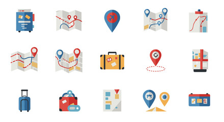 Travel and navigation icons featuring maps and luggage in flat style