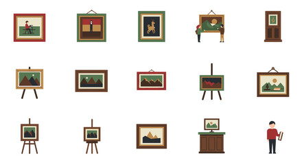 Gallery art and painting set with framed artworks and easels in flat style