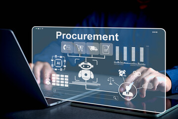 Entrepreneurs using digital procurement systems combined with AI technology to manage their supply chains, reducing redundant work with AI and data analytics for business efficiency.