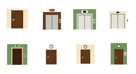 Collection of diverse elevator and door designs with clocks in flat style