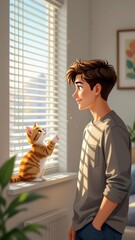 Cat pawing window blinds, young man with gentle smile interacting with curious orange and white cat, bright cozy room. Concept of cat pawing window blinds, pets creating warmth and joy.