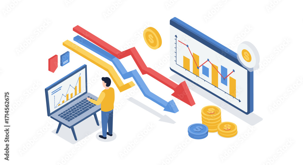 Poster business analysis isometric scene with charts and data visualization