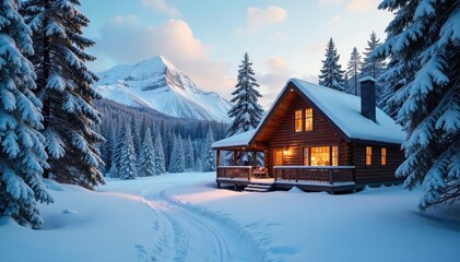 Naklejka premium A cozy cabin nestled in a snowy winter wonderland, perfect for a peaceful and relaxing holiday getaway Enjoy the serene atmosphere and breathtaking scenery , holiday, comfort