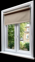 Fototapeta premium Bright view through a clean window with beige roller blind showcasing a garden outside on a sunny day in a residential area