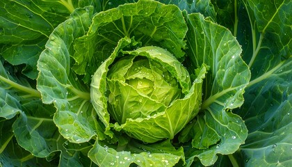 Close-up view of a vibrant, fresh head of cabbage, showcasing detailed leaf textures and glistening water droplets.