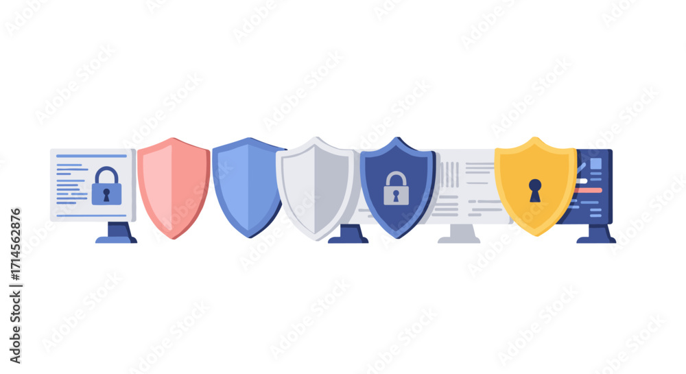 Poster flat cybersecurity concept with shields and computers