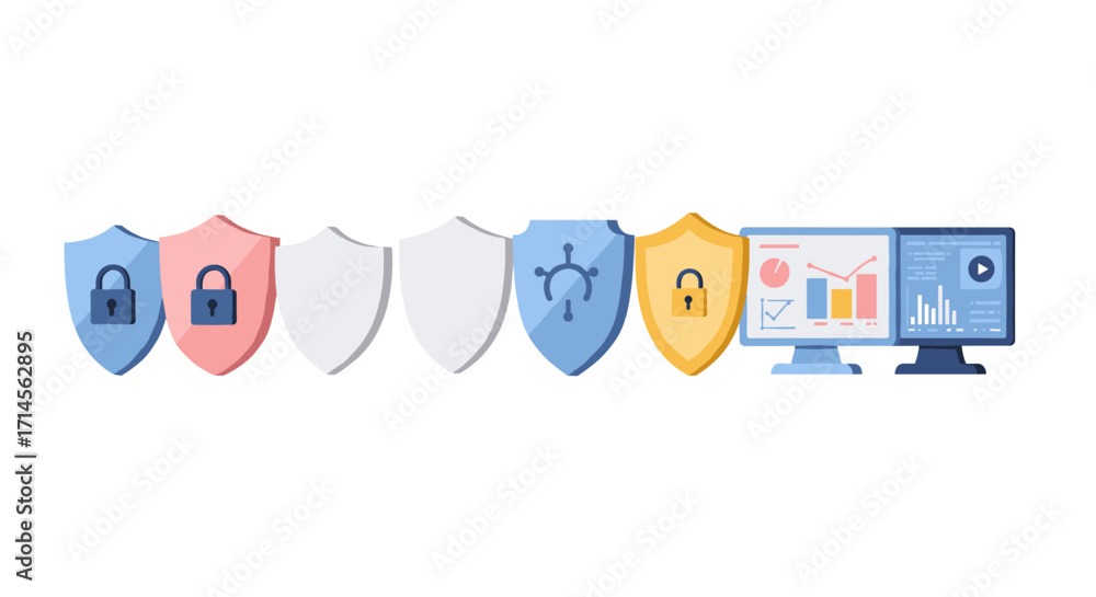 Poster cybersecurity shields and data visualization on monitors in flat style