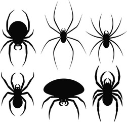 Halloween Spider Silhouette Icon Pack: Set of 6 Different Spider Illustrations with Twisted Branches on a White Background